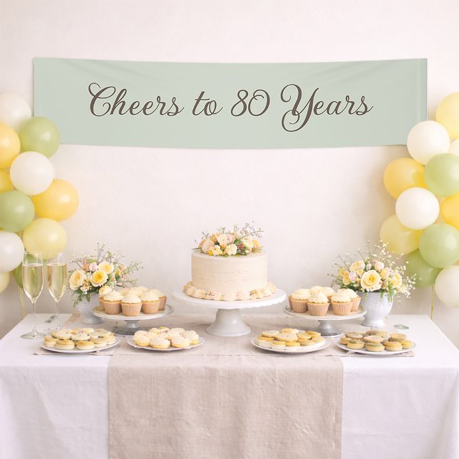 Lona Simple Neutral Verde Aplausos 80 Años Cumpleaños (Sage green "Cheers to 80 years" birthday party banner)