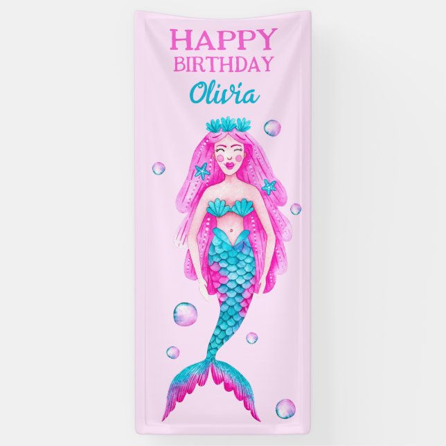 Lona Sirena acuarela en cumpleaños rosa y turquesa (Vertical)