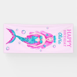 Lona Sirena acuarela en cumpleaños rosa y turquesa