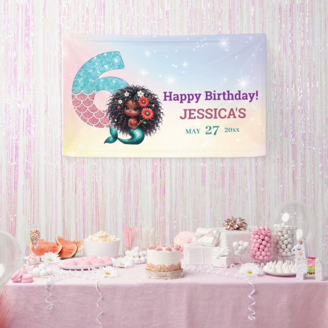 Lona Sirena afroamericana 6° cumpleaños (Fiesta)