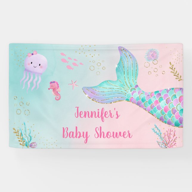 Lona Sirena Rosa Oro Bajo El Mar Baby Shower (Horizontal)
