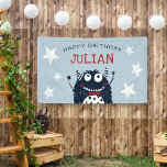 Lona Sky | Little Monster Personalized Birthday Party<br><div class="desc">Celebrate your little one's birthday with this adorable monster themed birthday party banner feature a dapper monster sporting a bright red bow tie, on a light sky blue background accented with stars. Personalize with a custom message and the birthday boy's name in red and navy blue lettering. Designed to match...</div>
