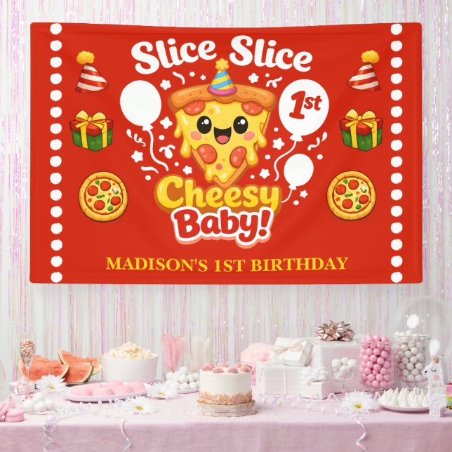 Lona Slice Slice Baby Pizza Cumpleaños 1 Horizontal (Fiesta)