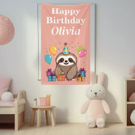 Lona Sloth Chica Feliz cumpleaños rosa personalizado
