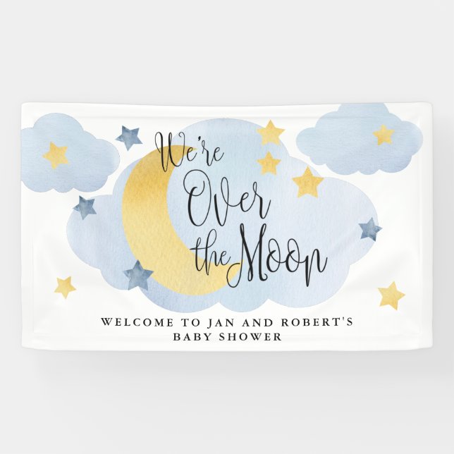 Lona Sobre la luna, azul acuarela Baby Shower (Horizontal)