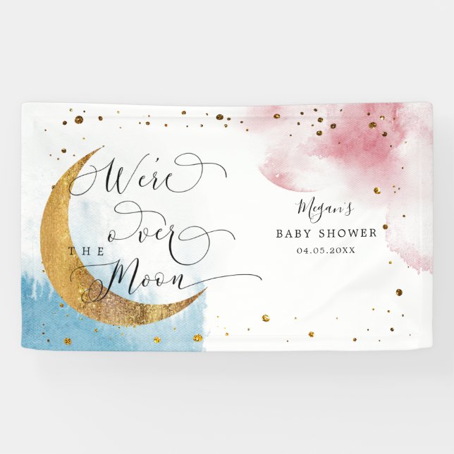 Lona Sobre la luna Dreamy Baby Shower azul y rosa (Horizontal)