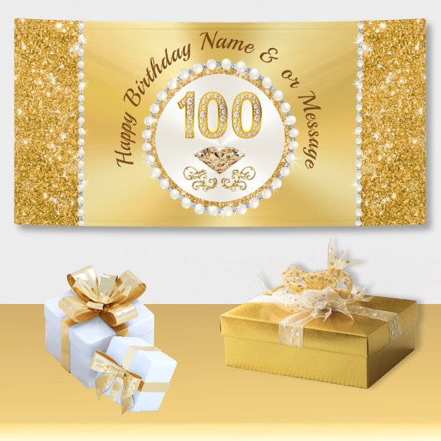 Lona Sorprendentes carteles personalizados, 100 cumplea (100th birthday party ideas. 100th birthday party ideas. Diamond Pearls, 100th birthday party theme.)