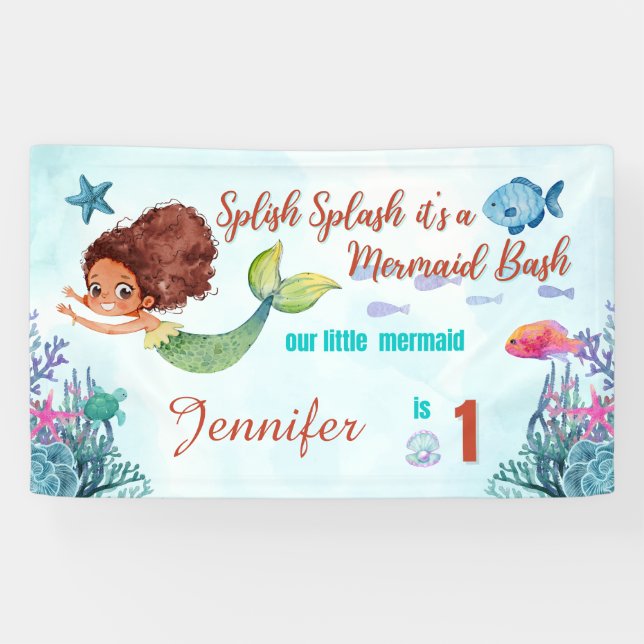 Lona Splish Splash Mermaid Bash Chicas 1er cumpleaños (Horizontal)