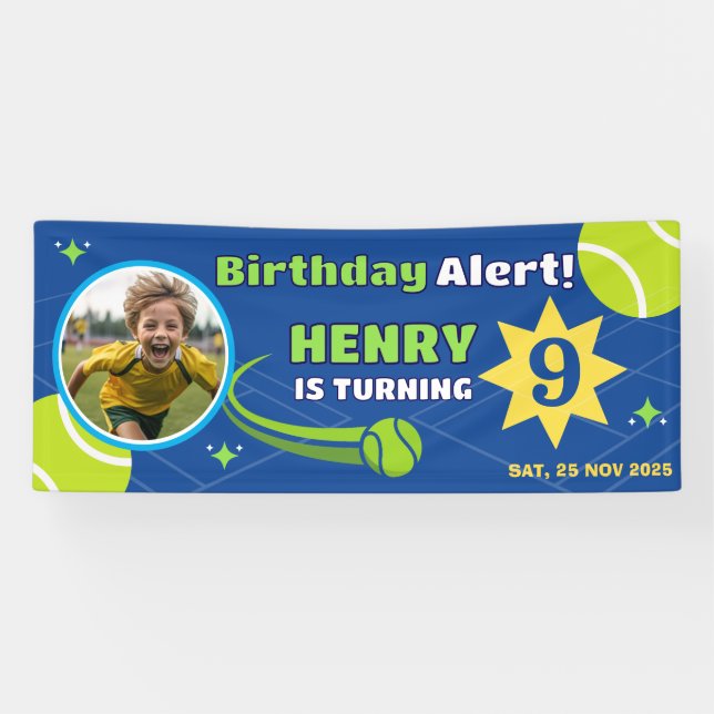 Lona Sporty Blue Tennis For Kids Birthday Banner (Horizontal)