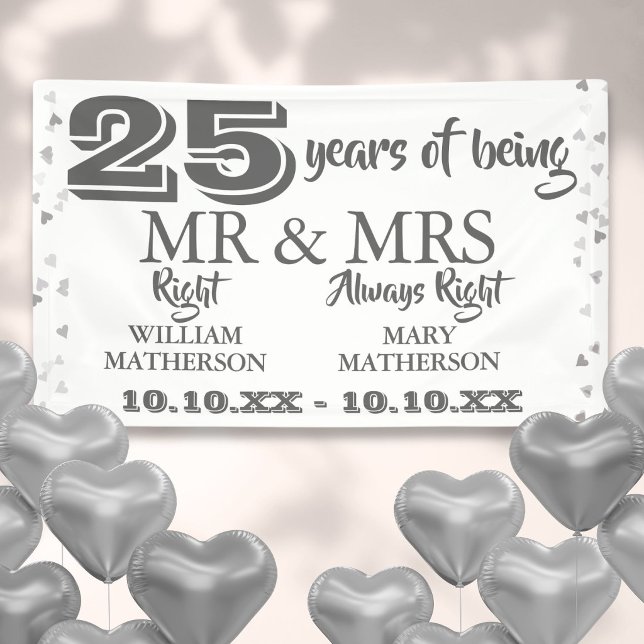 Lona Sr. Mrs. Right Fun 25 Aniversario Silver Hearts (Mr Mrs Right Fun 25th Anniversary Silver Hearts Banner)