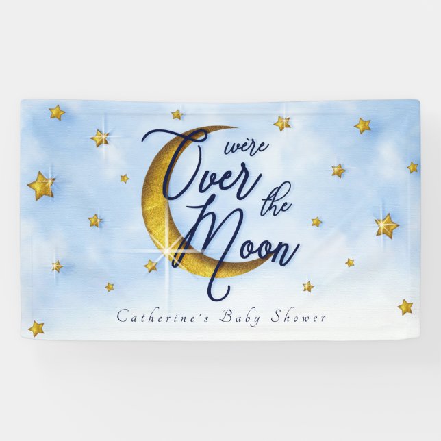 Lona Starry Over The Moon Blue Gold Baby Shower (Horizontal)