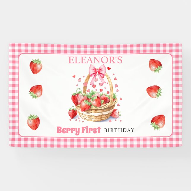 Lona Strawberries and pink bow Berry First Birthday (Horizontal)