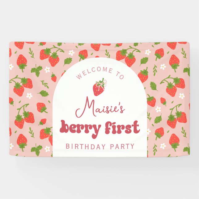 Lona Strawberry Berry Primer Día del Día del Partido fo (Horizontal)
