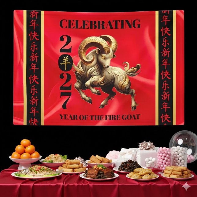 Lona Stunning Red Gold Chinese Year of Fire Goat 2027 (Stunning Chinese Year of the Fire Goat 2027 Vinyl Banner Cover Photo)