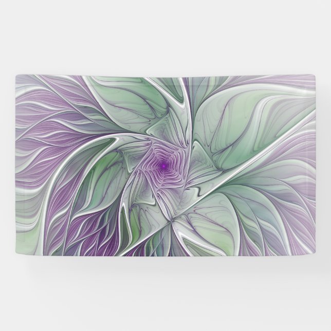 Lona Sueño de flores, abstracto arte fractal verde púrp (Horizontal)