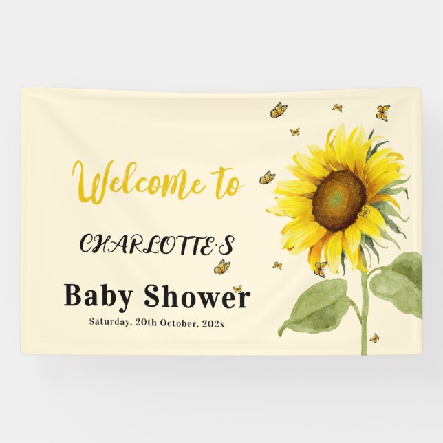 Lona Sunflower acuarela con Baby Shower de mariposas (Horizontal)