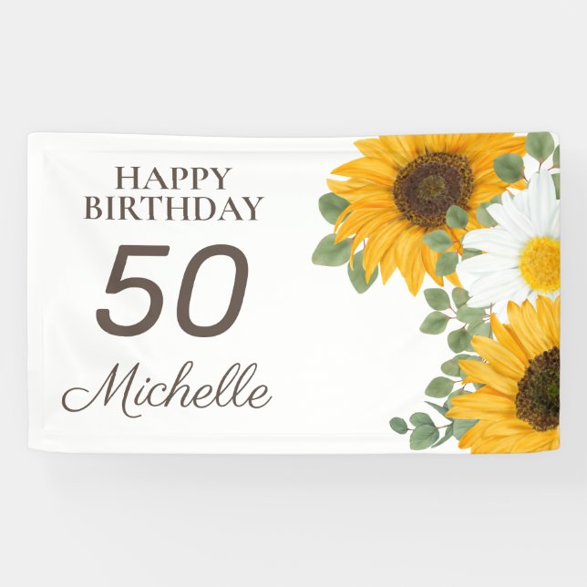Lona Sunflower Daisies Feliz 50 cumpleaños a cualquier  (Horizontal)
