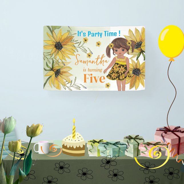 Lona Sunflower Watercolor Quinto Chica Cumpleaños (Sunflower Watercolor Fifth Girl Birthday Banner)