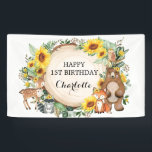 Lona Sunflower Woodland Forest Animals Happy Birthday<br><div class="desc">Este diseño único cuenta con un grupo de adorables animales del bosque,  girasoles de bonito y exuberante vegetación acuática. Personalice el cartel con su propio texto haciendo clic en el botón "personalizar".</div>