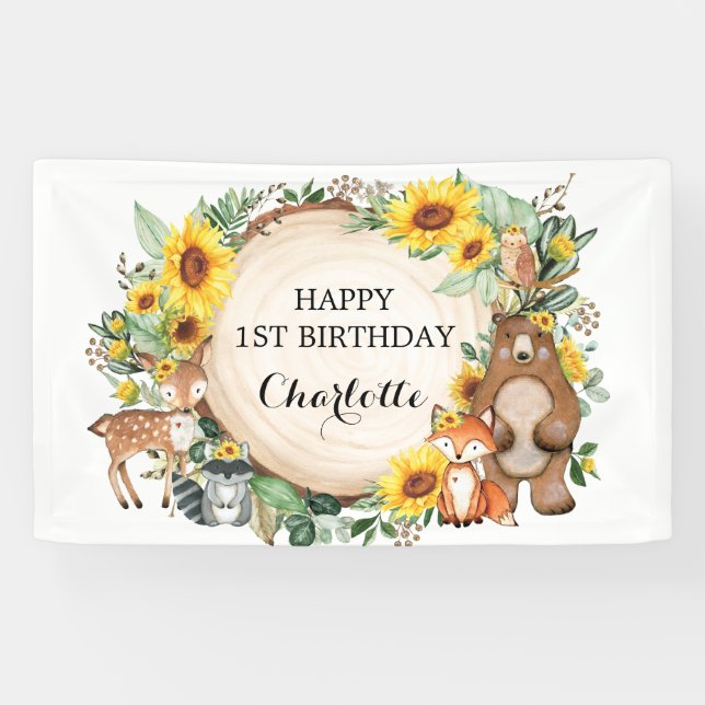 Lona Sunflower Woodland Forest Animals Happy Birthday (Horizontal)