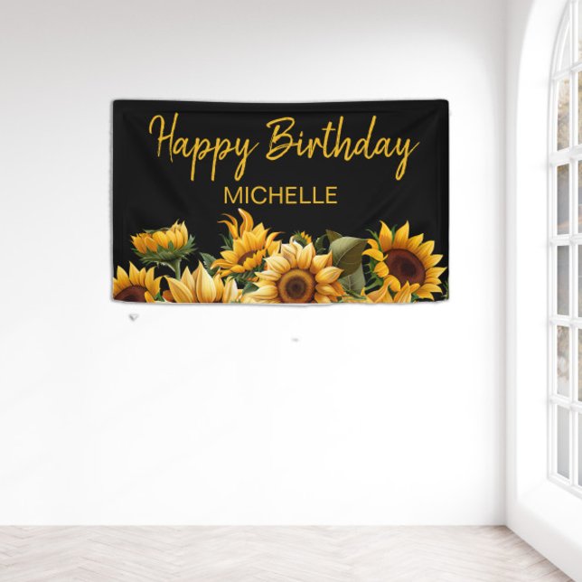 Lona Sunflowers Elegant Black Happy Birday Name (Yellow sunflowers on black custom birthday party banner)