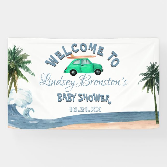 Lona Surfing Car Coco Tree Blue Beach Baby Shower   (Horizontal)