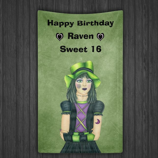 Lona Sweet 16 Birthday Goth Girl Tattoos on Green (Pretty Goth girl black dress green hat tattoos on green Sweet 16 Birthday backdrop.)