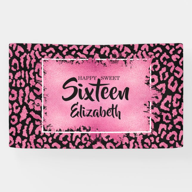 Lona Sweet 16 Happy Birthday Leopard Personalizado (Horizontal)