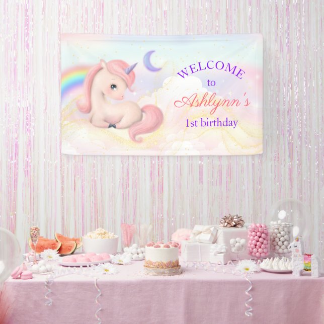 Lona Sweet Elegant Pink Unicorn Rainbow Birthday Banner (Fiesta)