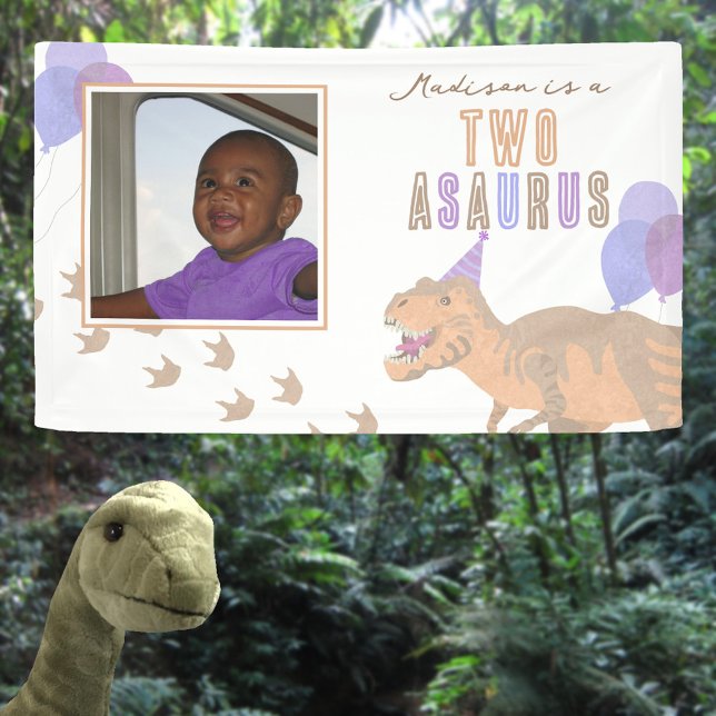 Lona T-Rex Tan Foto Cualquier Fiesta de edad de dinosau (Easy to customize, just add your child's name, age and photo to this dinosaur birthday banner sign)