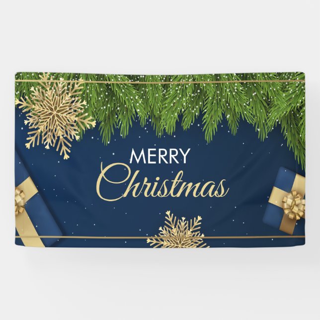 Lona Tarjeta de Navidades Golden Snowflakes, Feliz Navi (Horizontal)