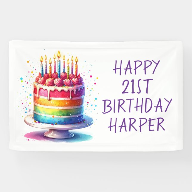 Lona Tarta de Arcoíris Personalizada Feliz Cumpleaños (Horizontal)