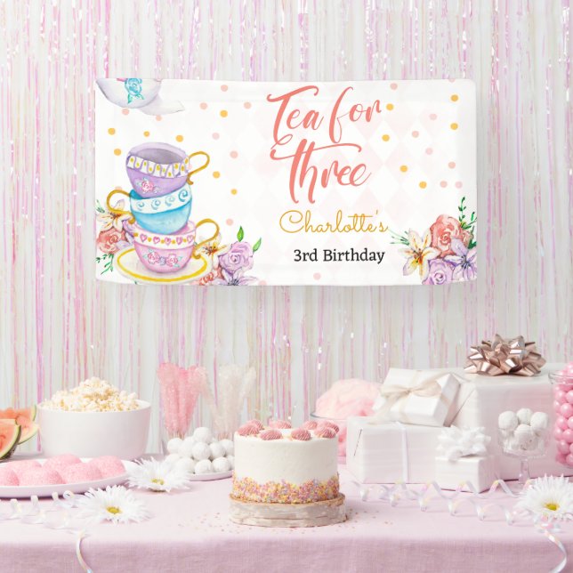 Lona Té para tres, tercer cumpleaños (Fiesta)