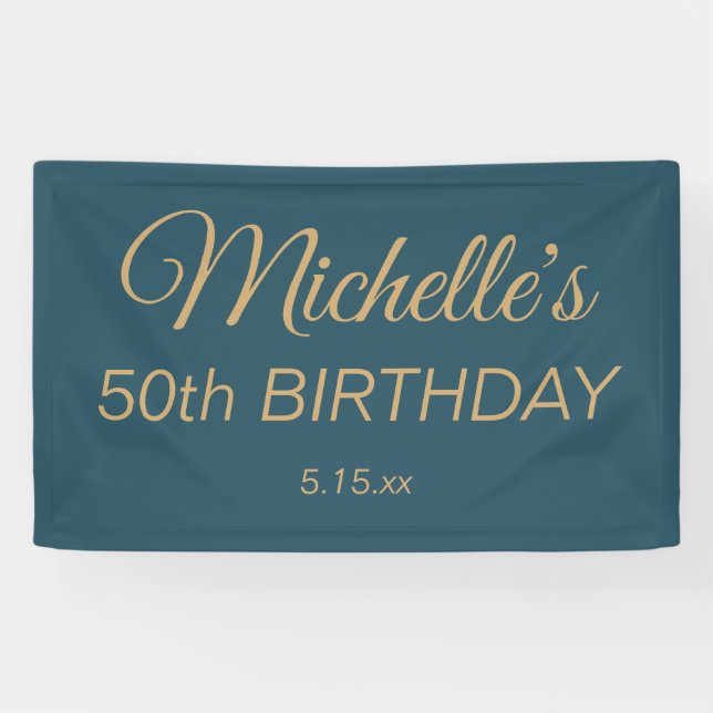 Lona Teal Gold 50 Cumpleaños Nombre Cualquier Edad (Horizontal)
