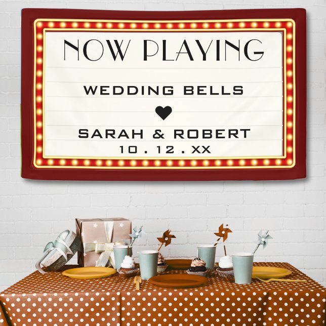 Lona Teatro de cine retro Marquee Rótulo Boda rojo (Retro Cinema Theater Marquee Sign Dark Red Burgundy Wedding)