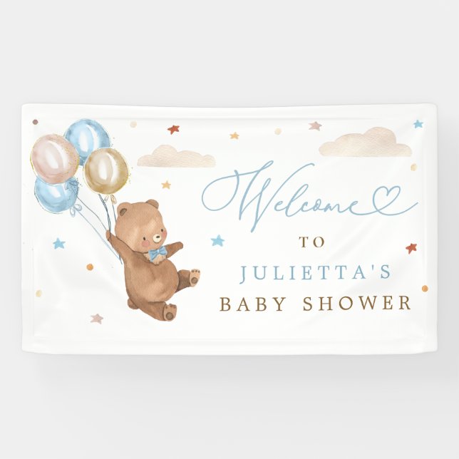 Lona Teddy Bear Baby Shower Boy Blue Bear Bienvenida (Horizontal)