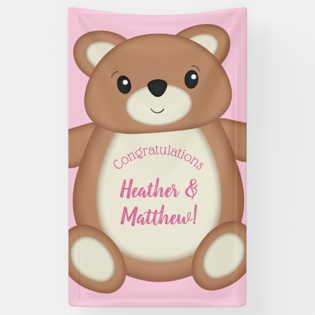 Lona Teddy Bear Baby Shower Chica rosa (Vertical)