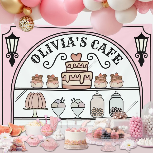 Lona Telón de fondo de cumpleaños de una cafetería pari (Emily in Paris theme Cafe window for any Tea Party event)