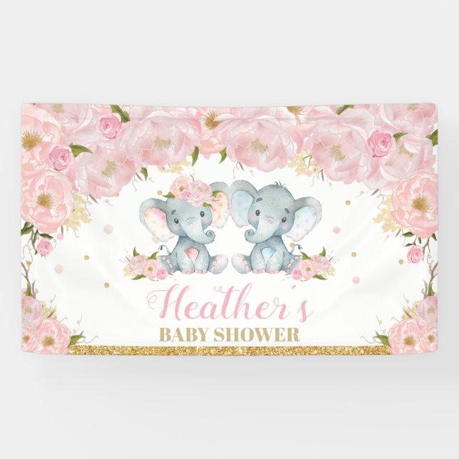 Lona Telón de fondo para baby shower de elefante gemelo (Horizontal)