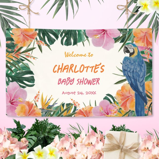 Lona Telón de fondo para baby shower de loro tropical e (Tropical Exotic Jungle Watercolor Baby Shower Banner ©Susanne Sachers - Sunny Mind 🌞)