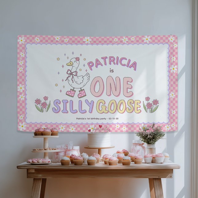 Lona Telón de fondo para el primer cumpleaños de una ni (Pink One Silly Goose - Retro style Girl First Birthday Backdrop Banner- 1st Birthday decor.)