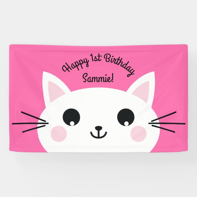 Lona Tema del Fiesta del primer cumpleaños de Cat Cute  (Horizontal)