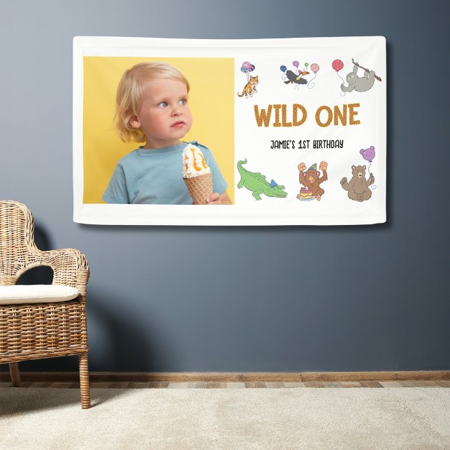 Lona Tema del Safari de la Selva Salvaje Un Primer Cump (Wild one party wall banner. 1st birthday jungle safari theme with photo.)