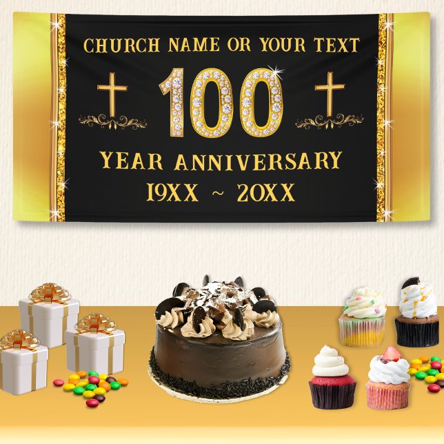 Lona Temas del centenario de la iglesia, negro y oro (100th Church Anniversary, Banner. 100th church anniversary decorations. 100 year church celebration.)