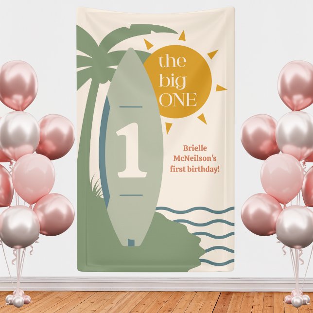 Lona "The big ONE" Surfing Beach fiesta de primer cumpl ("the big one" green surfboard green gender neutral surfing 1st birthday party sign backdrop decor)