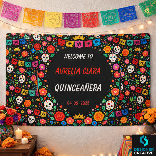 Lona Tiara Dorada Floral Fiesta Mexicana Negra Quinceañ