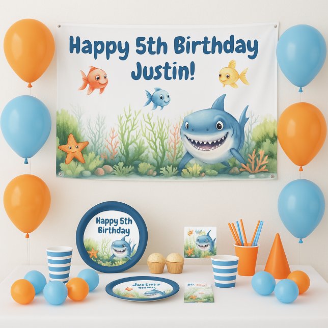 Lona Tiburón Feliz Bajo el Mar Cumpleaños (Cute 5th birthday banner for a shark/under the sea themed birthday party)