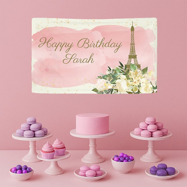 Lona Torre Eiffel París Cumpleaños Rosa Dorado Brillant (Paris/Eiffel Tower birthday party banner)