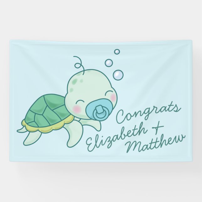 Lona Tortuga marina corta Baby Shower Kawaii Banner Blu (Horizontal)