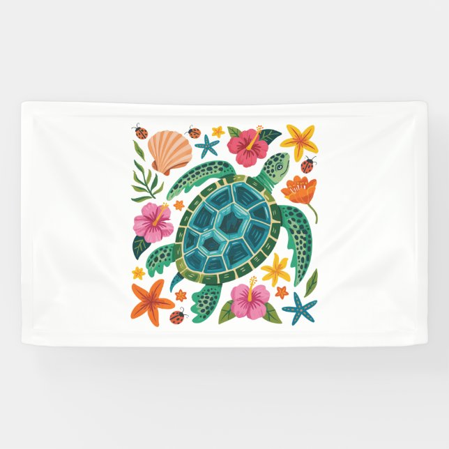 Lona Tortuga marina floral de Boho (Horizontal)